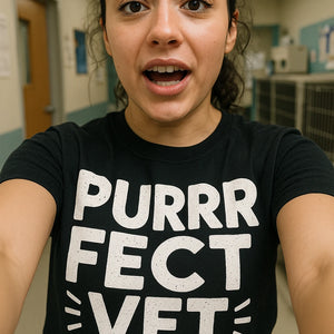 "Purr Fect Vet" black veterinarian t shirt - also one of the gifts for veterinarians and staff