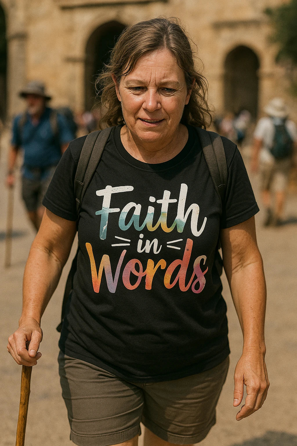 A person with shoulder-length hair, wearing a black t-shirt with the text "Faith in Words" printed on it. They are also carrying a backpack and walking with a wooden stick. The background appears to be an outdoor setting with people in the distance.