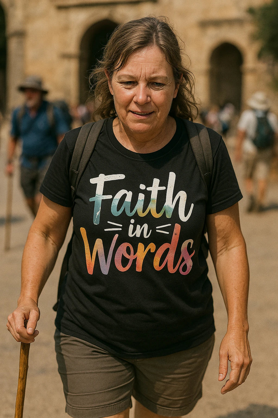 A person with shoulder-length hair, wearing a black t-shirt with the text "Faith in Words" printed on it. They are also carrying a backpack and walking with a wooden stick. The background appears to be an outdoor setting with people in the distance.