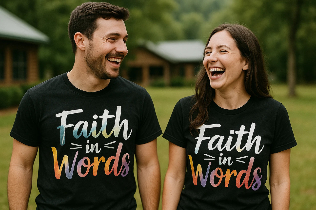 A man and a woman are standing outdoors, both wearing black T-shirts with the text "Faith in Words" in colorful letters. They are smiling and looking at each other, with trees and a building in the background.