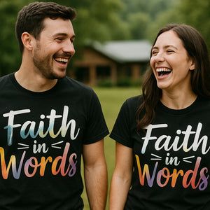 Person wearing the black t shirt faith graphic tee - "Faith in Words" design