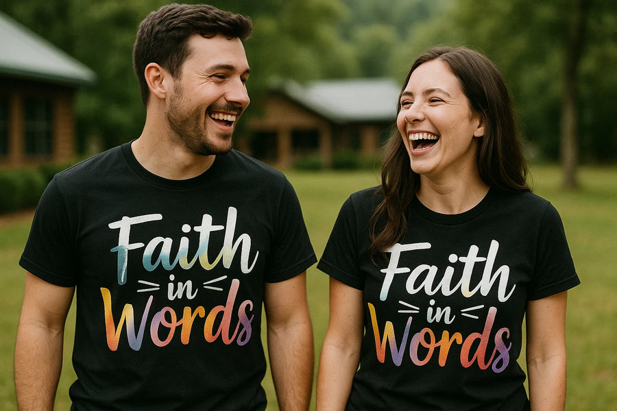 A man and a woman are standing outdoors, both wearing black T-shirts with the text "Faith in Words" in colorful letters. They are smiling and looking at each other, with trees and a building in the background.