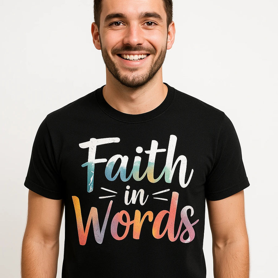 A person with short dark hair and facial hair is smiling and wearing a black T-shirt with colorful text that reads "Faith in Words." The image is taken against a plain light background.