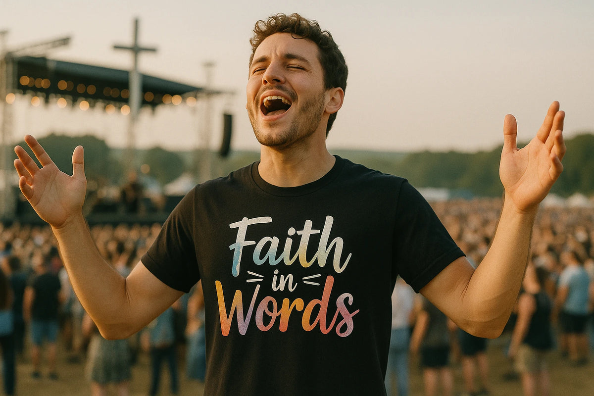 Lifestyle shot of the "Faith in Words" black t shirt faith in a real-world setting