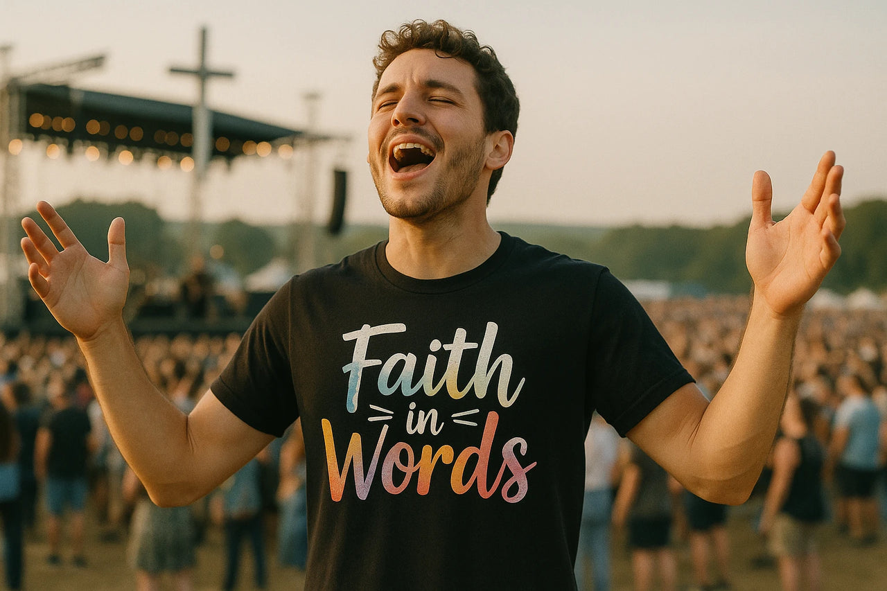 A person with short curly hair is standing outdoors, wearing a black T-shirt with the text "Faith in Words." They have their arms raised and appear to be singing or expressing joy. In the background, there is a large crowd and a stage with a cross, suggesting an outdoor event or concert.