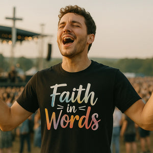 Lifestyle shot of the "Faith in Words" black t shirt faith in a real-world setting