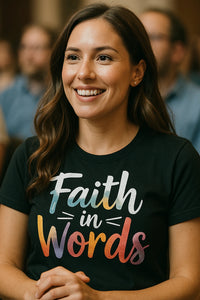 A person with long brown hair is smiling and wearing a black t-shirt with colorful text that reads 