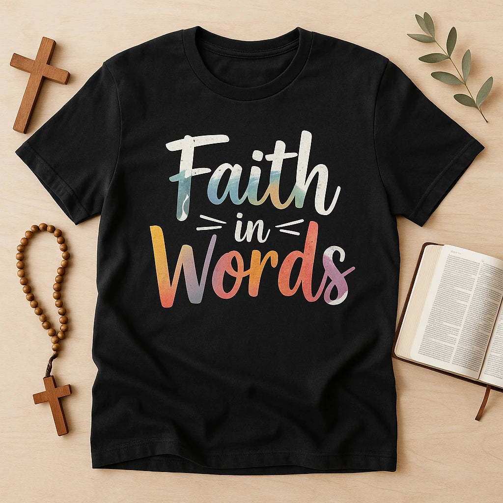 A flat lay image featuring a black t-shirt with the text "Faith in Words" in a colorful gradient. Next to the shirt are a wooden cross, a rosary, an open book, and a few leaves arranged aesthetically on a wooden surface.