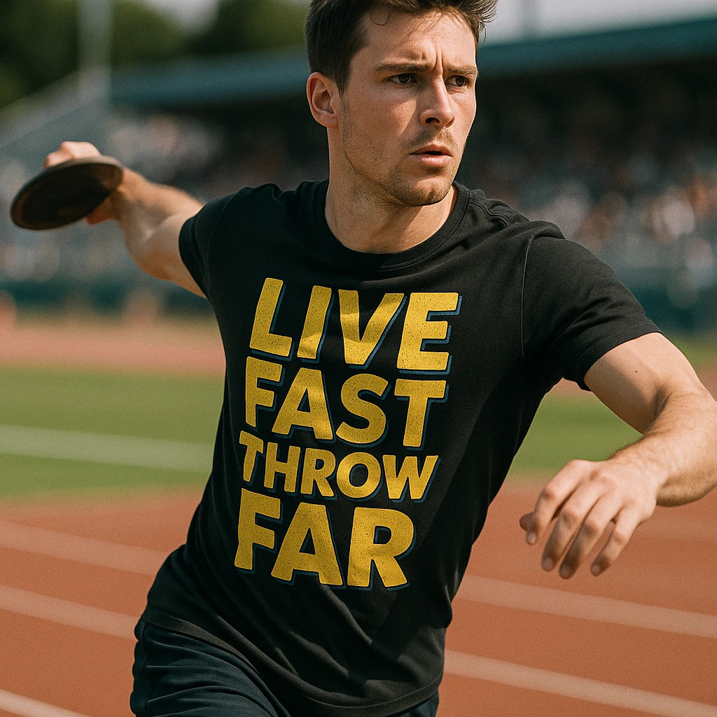 "Live Fast Throw Far" track and field t shirt - product photo 8