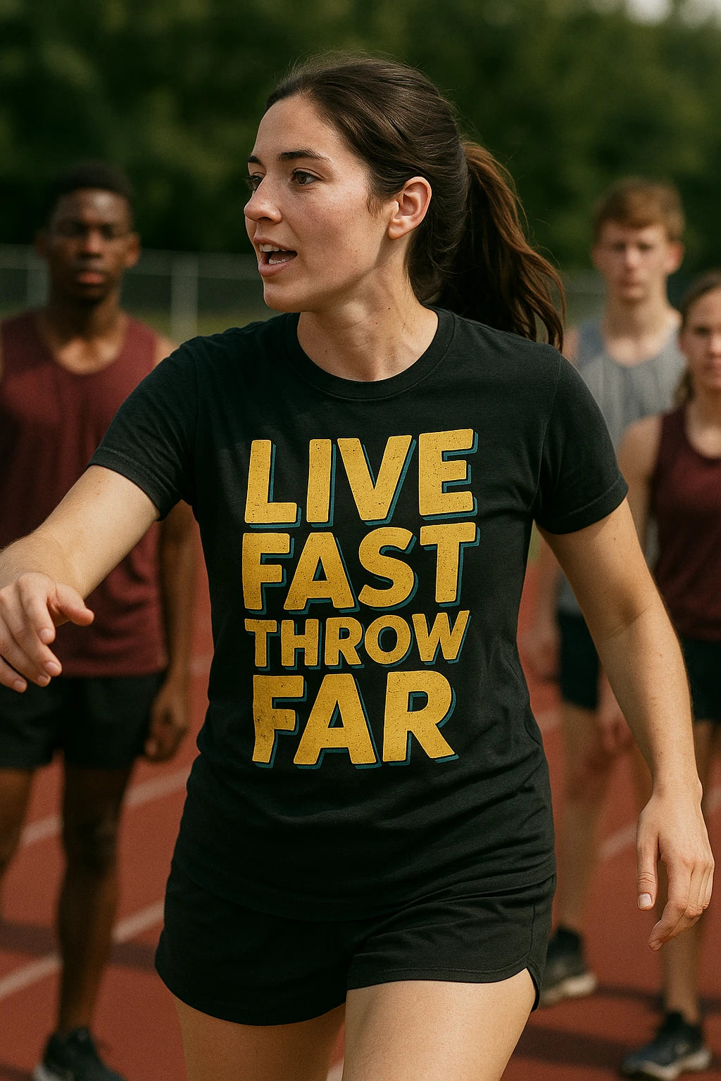 "Live Fast Throw Far" track and field t shirt - product photo 6