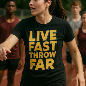 "Live Fast Throw Far" track and field t shirt - product photo 6