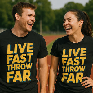 Person wearing the black track and field t shirt graphic tee - "Live Fast Throw Far" design