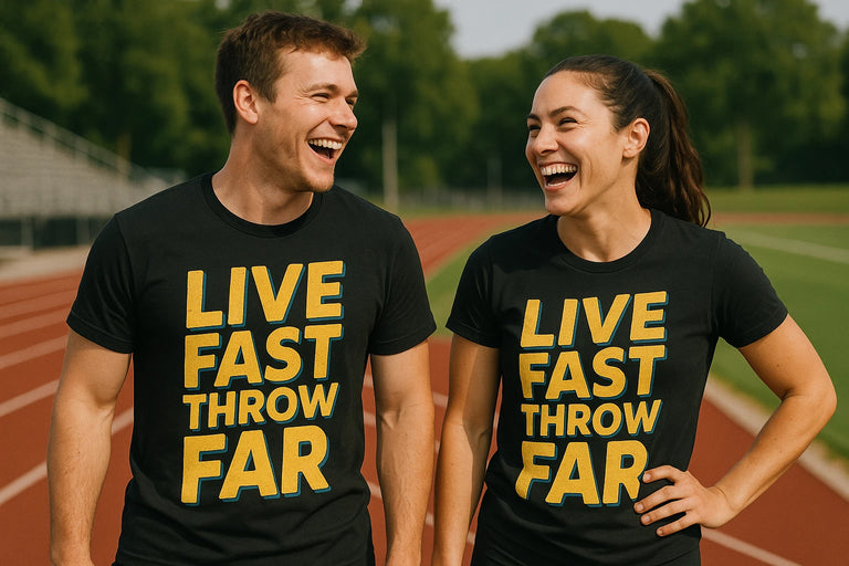 Person wearing the black track and field t shirt graphic tee - 