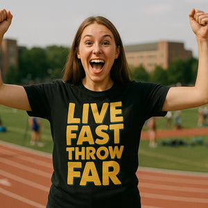 Lifestyle shot of the "Live Fast Throw Far" black track and field t shirt in a real-world setting
