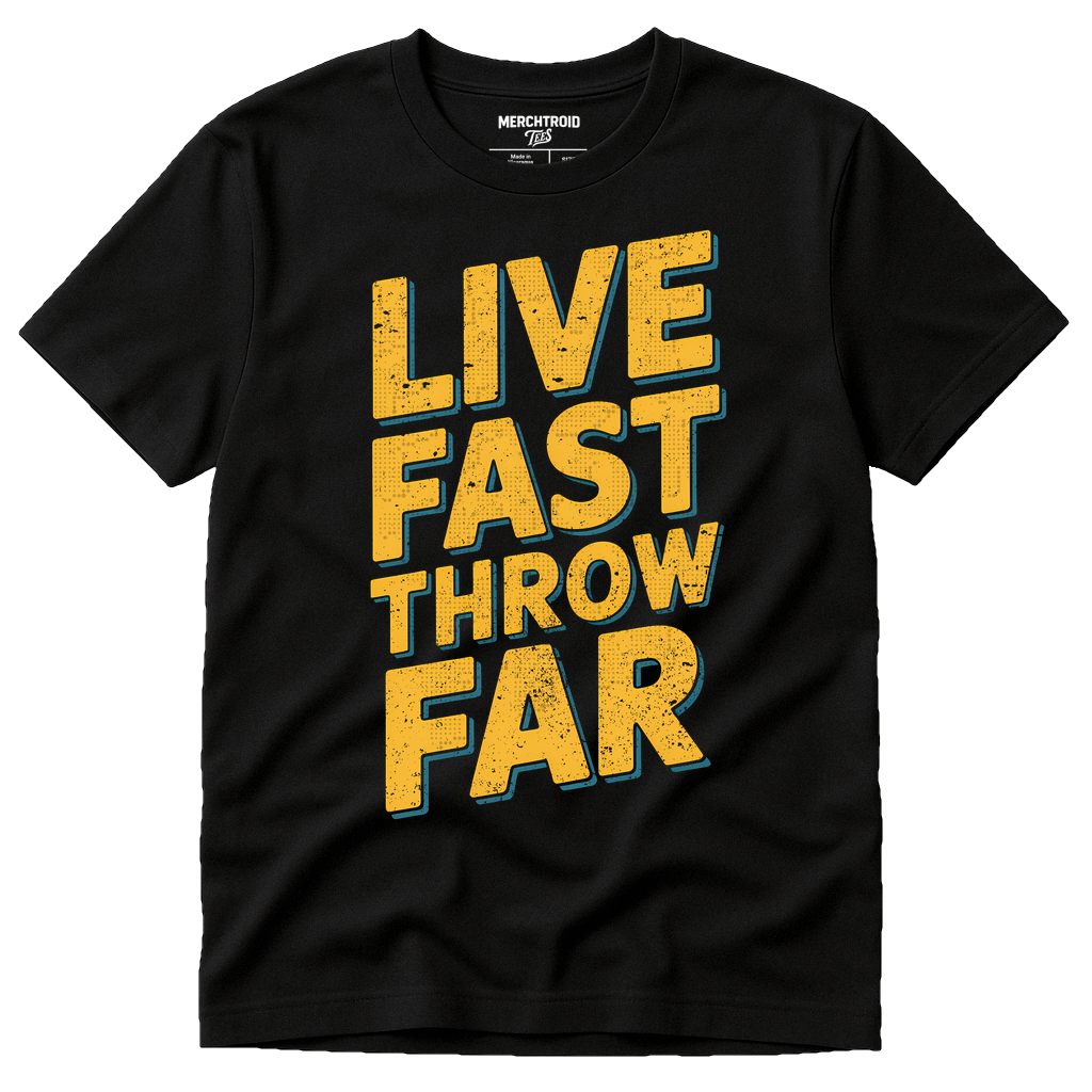 Black Track And Field T Shirt - "Live Fast Throw Far" graphic tee with yellow print, flat lay product photo