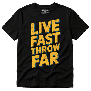 Black Track And Field T Shirt - "Live Fast Throw Far" graphic tee with yellow print, flat lay product photo