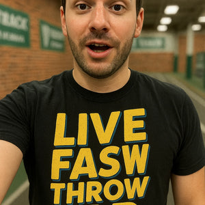 "Live Fast Throw Far" track and field t shirt - product photo 7
