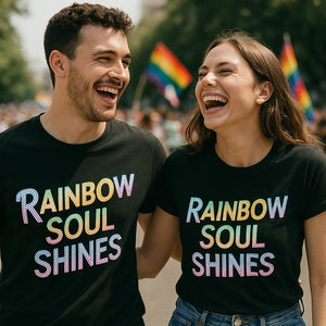 Person wearing the black lgbtq pride shirts graphic tee - "Rainbow Soul Shines" design