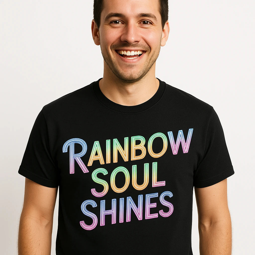 Close-up of the "Rainbow Soul Shines" gray print on a premium Bella+Canvas black lgbtq pride shirts