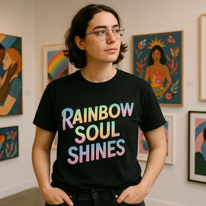Lifestyle shot of the "Rainbow Soul Shines" black lgbtq pride shirts in a real-world setting