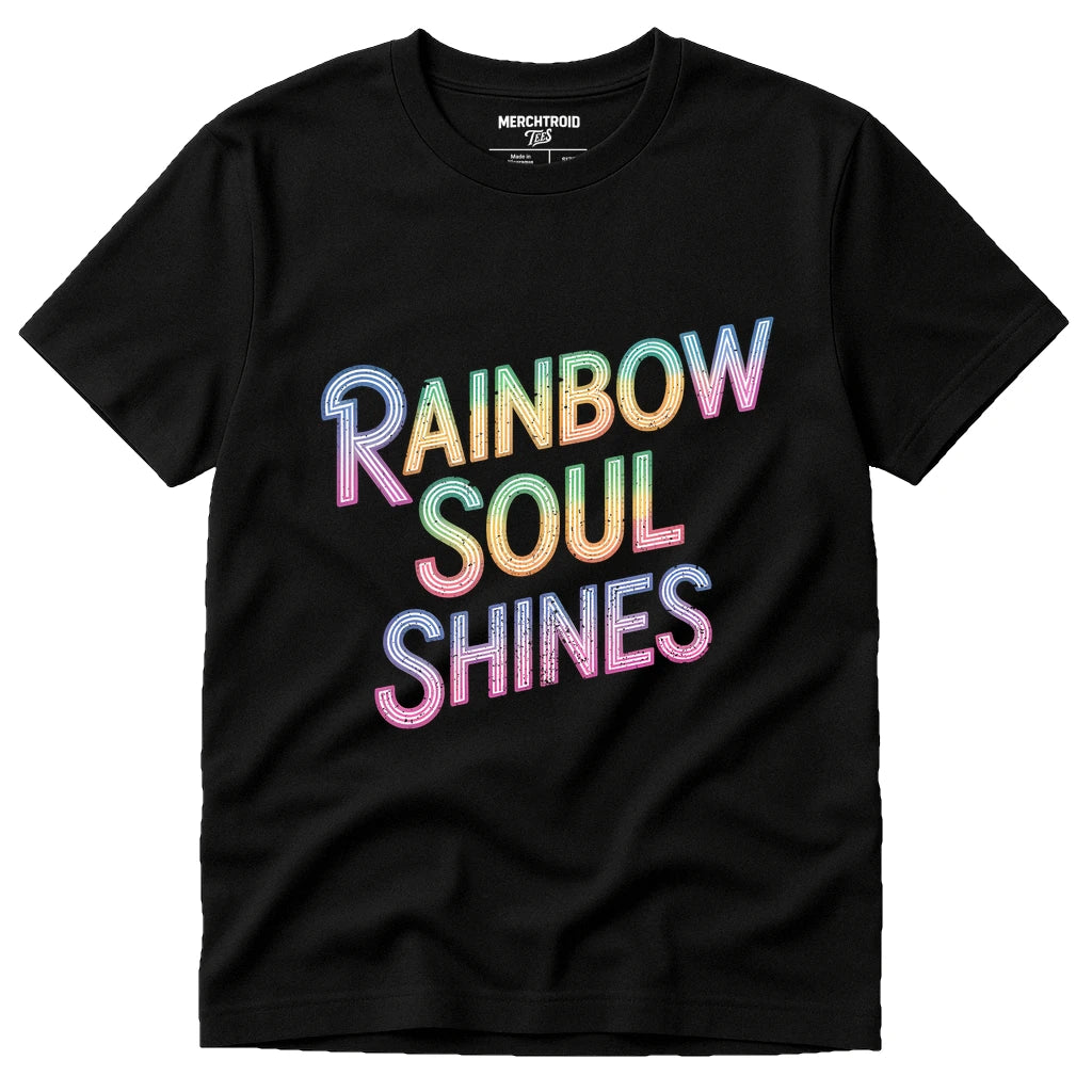 Black Lgbtq Pride Shirts - "Rainbow Soul Shines" graphic tee with gray print, flat lay product photo
