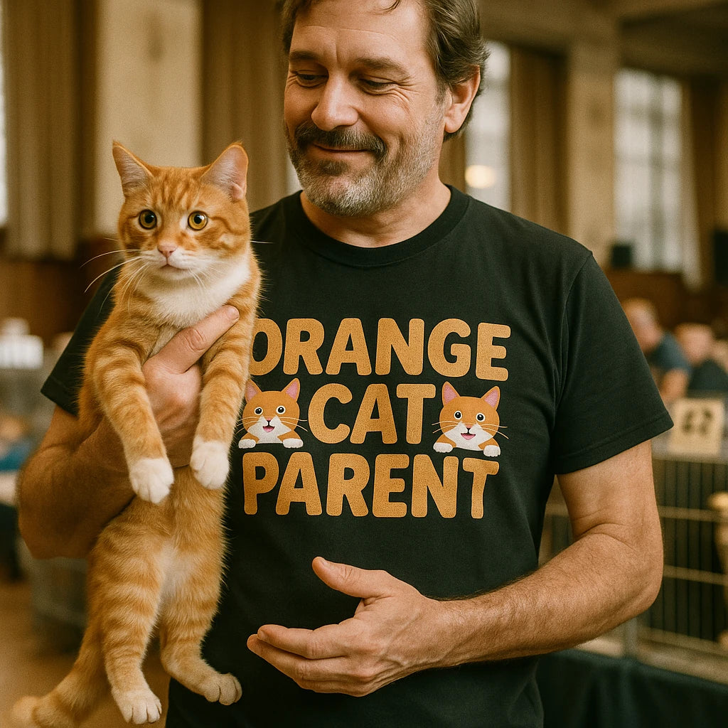 "Orange Cat Parent" black cat lovers t shirt, photographed as cat lovers lover gift