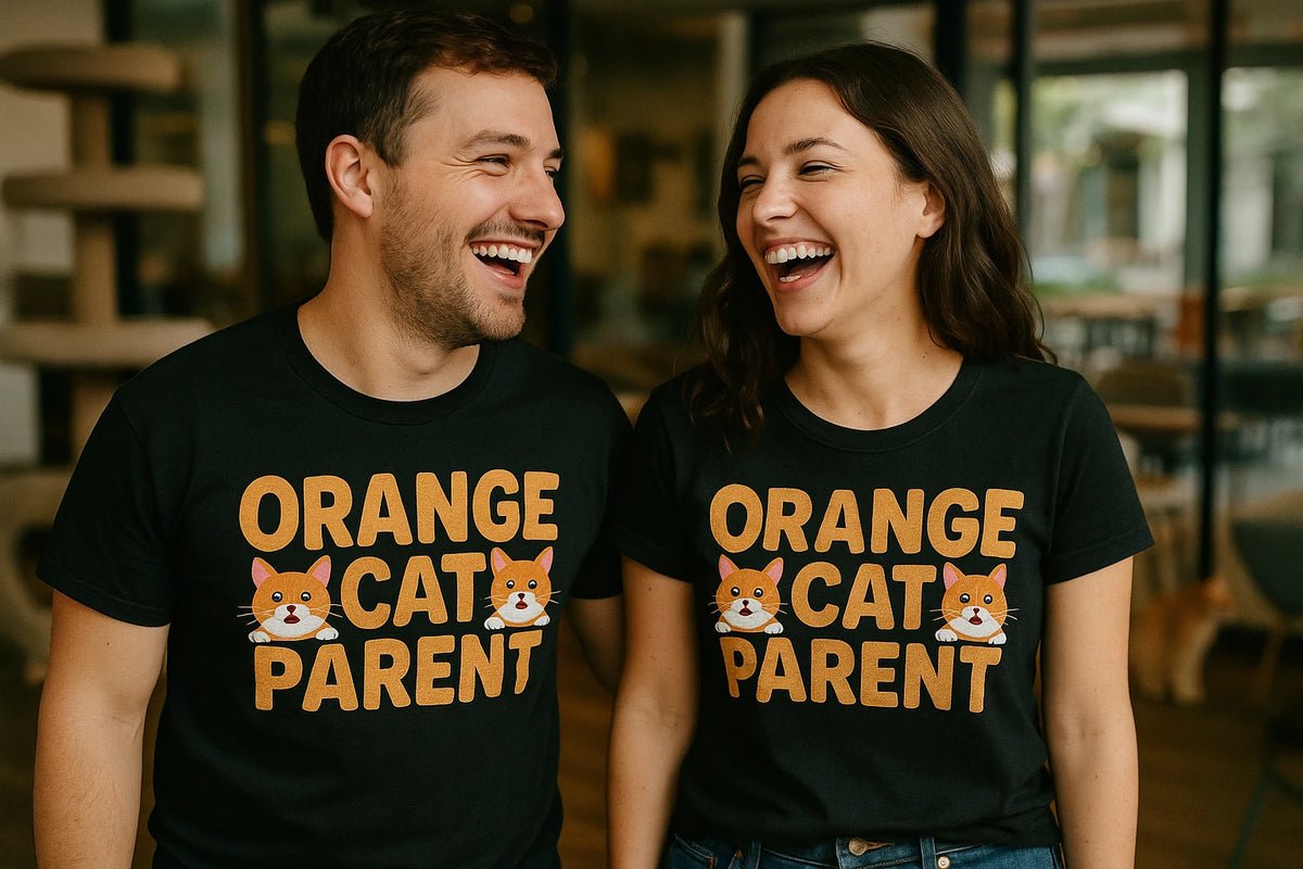 Person wearing the black cat lovers t shirt graphic tee - "Orange Cat Parent" design