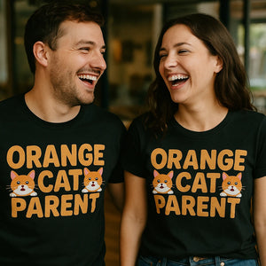 Person wearing the black cat lovers t shirt graphic tee - "Orange Cat Parent" design