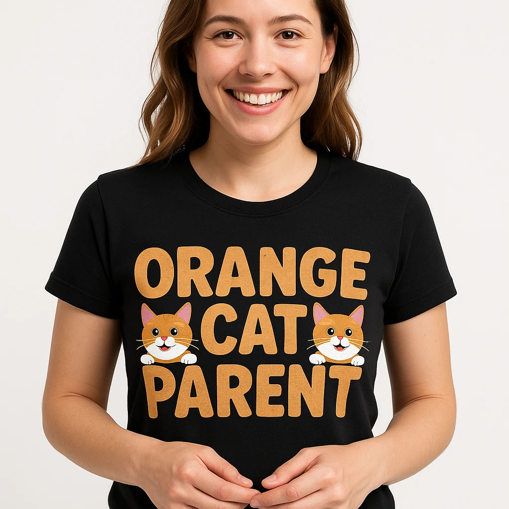 Close-up of the "Orange Cat Parent" gold print on a premium Bella+Canvas black cat lovers t shirt