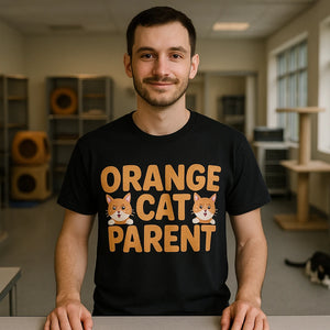 Lifestyle shot of the "Orange Cat Parent" black cat lovers t shirt in a real-world setting