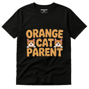 Black Cat Lovers T Shirt - "Orange Cat Parent" graphic tee with gold print, flat lay product photo