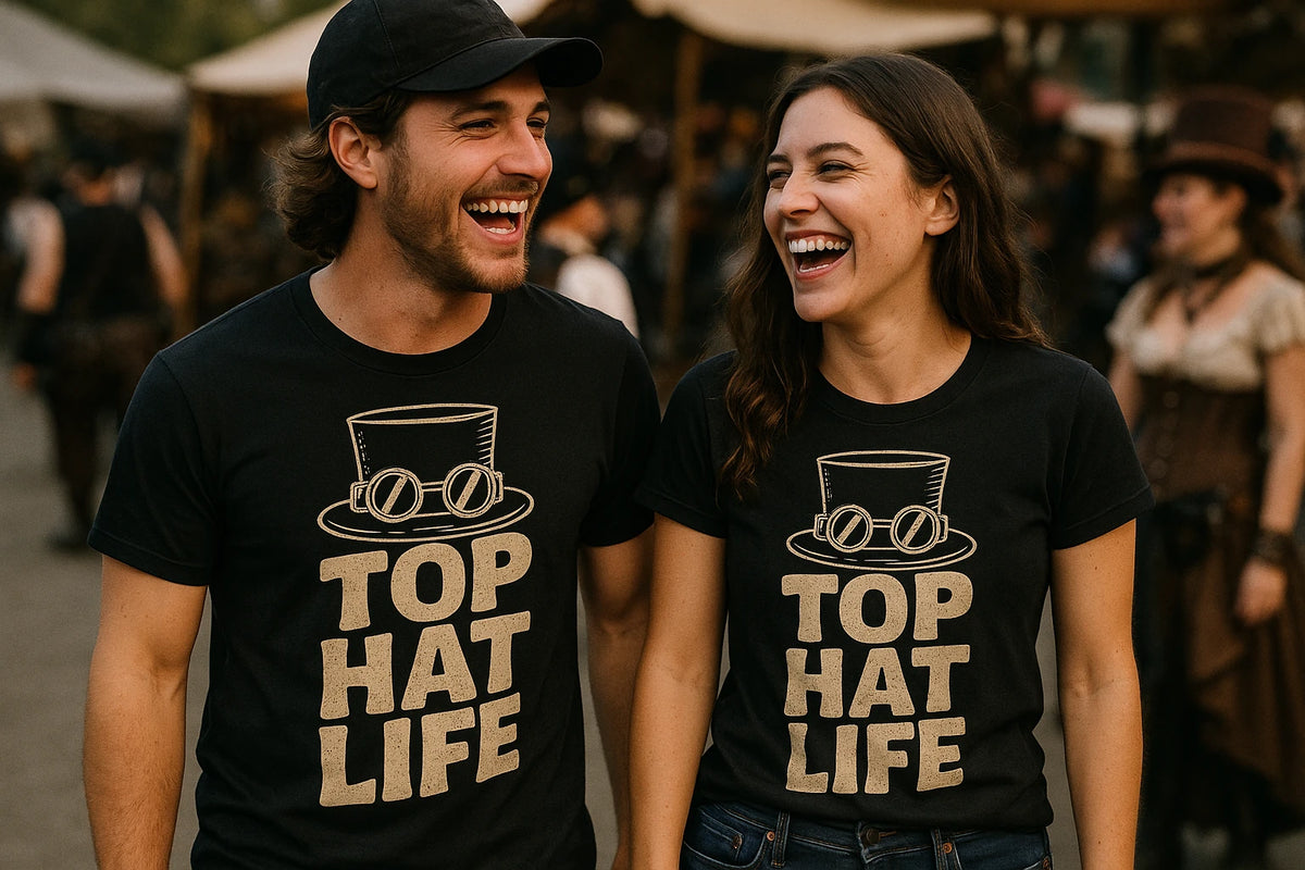 Person wearing the black steampunk shirts graphic tee - "Top Hat Life" design