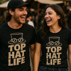 Person wearing the black steampunk shirts graphic tee - "Top Hat Life" design