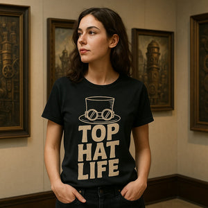 Lifestyle shot of the "Top Hat Life" black steampunk shirts in a real-world setting
