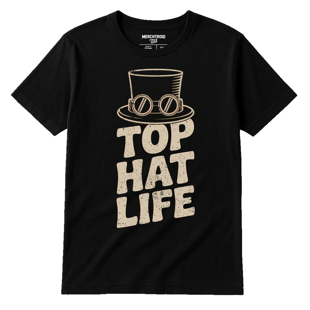Black Steampunk Shirts - "Top Hat Life" graphic tee with beige print, flat lay product photo