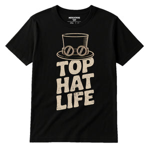 Black Steampunk Shirts - "Top Hat Life" graphic tee with beige print, flat lay product photo