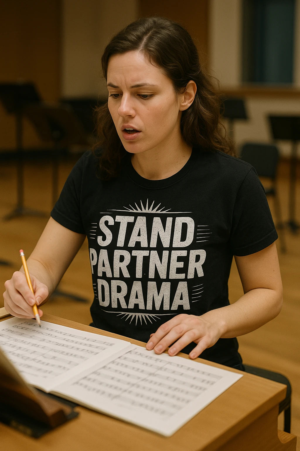 "Stand Partner Drama" black orchestra t shirt, photographed as gifts for orchestra lovers
