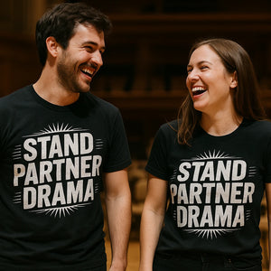 Person wearing the black orchestra t shirt graphic tee - "Stand Partner Drama" design