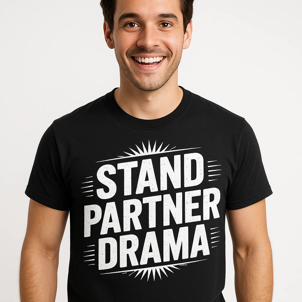 Close-up of the "Stand Partner Drama" white print on a premium Bella+Canvas black orchestra t shirt