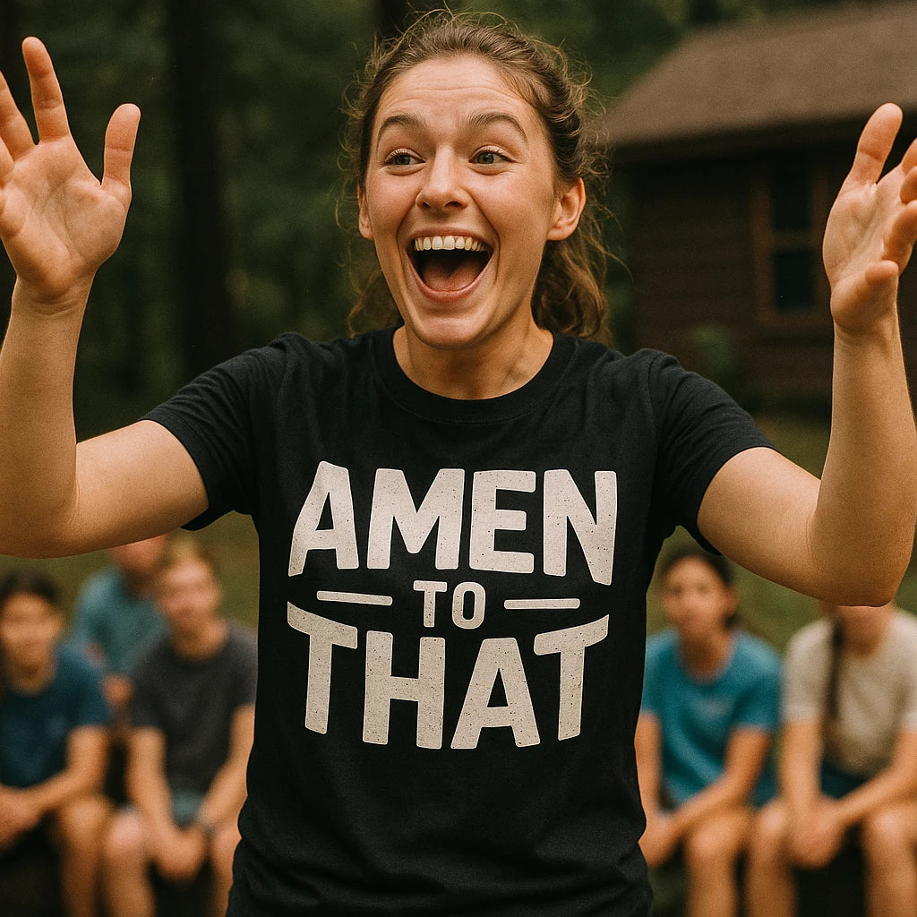 A person joyfully raising their arms, wearing a black T-shirt with the text "AMEN TO THAT." The background shows several people seated, wearing casual clothes, in an outdoor setting with trees and a building.