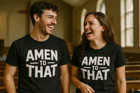 A man and a woman are standing in a church, both wearing black T-shirts with the phrase 