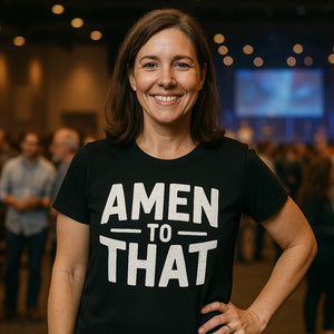 Lifestyle shot of the "Amen To That" black love in faith shirts in a real-world setting
