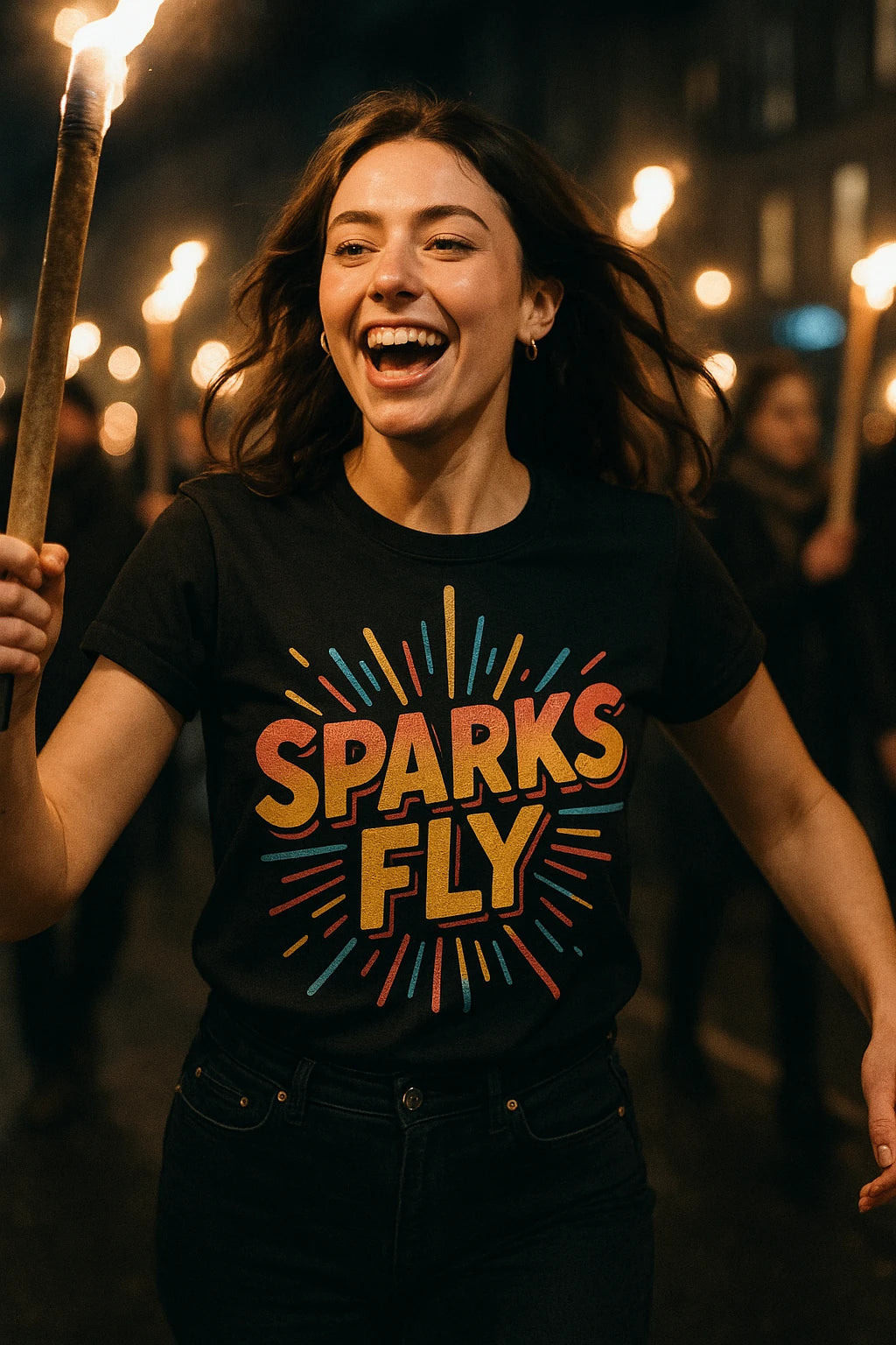 A person is joyfully holding a torch in a nighttime setting, wearing a black T-shirt with colorful lettering that reads "SPARKS FLY." Other people carrying torches can be seen blurred in the background, suggesting a festive or celebratory event.