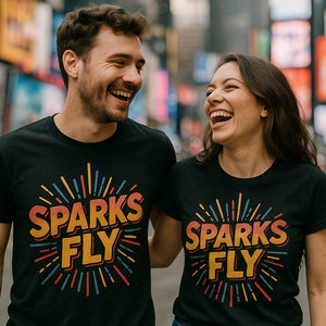 Person wearing the black shirts for new years eve graphic tee - "Sparks Fly" design