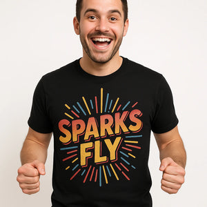 Close-up of the "Sparks Fly" orange print on a premium Bella+Canvas black shirts for new years eve
