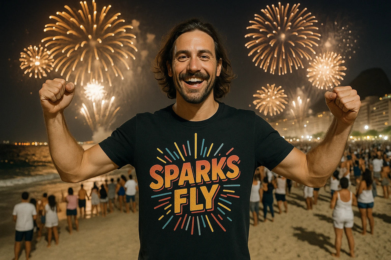 A person with long hair and a beard is smiling broadly and holding their fists up in celebration. They are wearing a black shirt with colorful text that reads "SPARKS FLY." In the background, there is a night sky filled with bright fireworks, and a crowd of people is gathered on a beach.