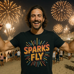 Lifestyle shot of the "Sparks Fly" black shirts for new years eve in a real-world setting
