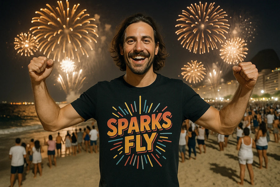A person with long hair and a beard is smiling broadly and holding their fists up in celebration. They are wearing a black shirt with colorful text that reads "SPARKS FLY." In the background, there is a night sky filled with bright fireworks, and a crowd of people is gathered on a beach.