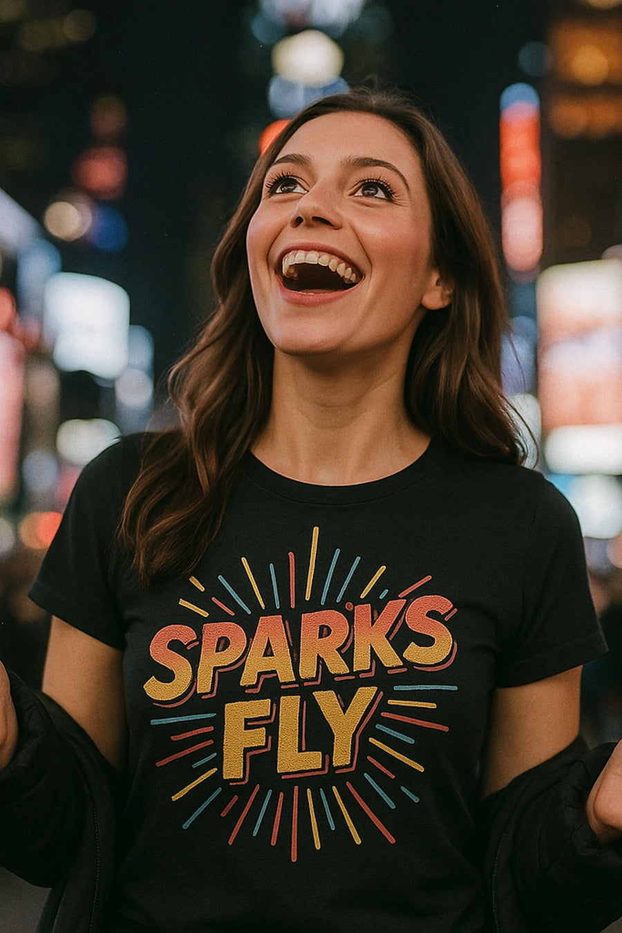 A person with long hair smiling broadly, wearing a black t-shirt that says "SPARKS FLY" with colorful lines radiating from the text. The background is an urban setting with blurred city lights.