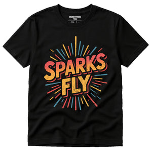 Black Shirts For New Years Eve - "Sparks Fly" graphic tee with orange print, flat lay product photo